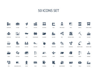 50 filled concept icons such as factory, tools, plan, maintenance, oil, planning, plan,gauge, measuring tape, pipe, worker, crane, electricity