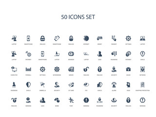 50 filled concept icons such as warning, padlock, security, password, warning, thief, bomb,user, warning, padlock, shopping protection, head, alarm