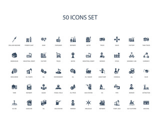 50 filled concept icons such as machine, oil platform, pump jack, refinery, molecule, worker, gas station,oil, gasoline, oil rig, extraction, worker, pipe