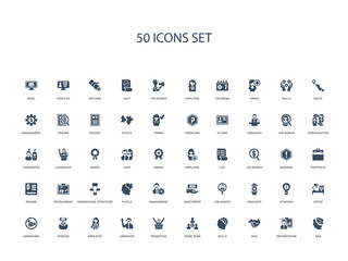 50 filled concept icons such as idea, presentation, deal, skills, work team, promotion, candidate,employee, pension, handshake, office, strategy, graduate