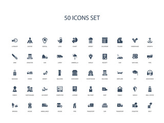 50 filled concept icons such as bolt, disaster, transport, car, transport, fire, house,ambulance, house, broken, real estate, shield, family