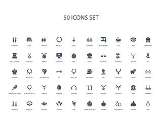50 filled concept icons such as ring, crown, engagement, crown, pearl necklace, gem, jewelry,watches, bracelet, earrings, earrings, ring, necklace