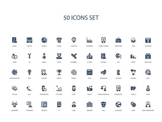 50 filled concept icons such as video conference, gear, language, bin, company, user, cv,website, interview, teamwork, staff, puzzle, marketing