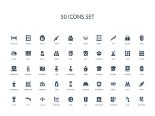 50 filled concept icons such as certificate, gavel, agreement, courthouse, law, news, footprint,balance, cctv, pillar, knife, jury, money