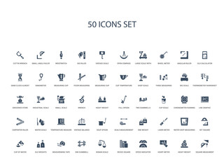 Fototapeta na wymiar 50 filled concept icons such as square measument, heavy weight, heart meter, speed indicator, resize square, roman scale, one dumbbell,measureming tape, old weights, cup of water, set square, water