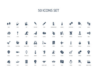 50 filled concept icons such as magic trick, wand, rings, book, card, magic lamp, ball,tarot, dust, pyramid, esoteric, smoke, fetters