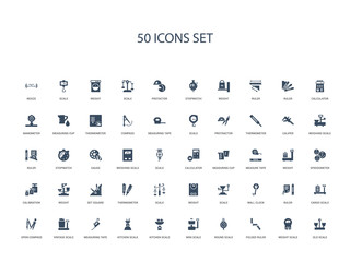 50 filled concept icons such as old scale, weight scale, folded ruler, round scale, mini kitchen kitchen scale,measuring tape, vintage open compass, cargo ruler, wall clock
