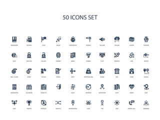 50 filled concept icons such as warning, phone call, sun, pin, star, microphone, shuffle,refresh, trophy, add, map, heart, copy