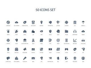 50 filled concept icons such as user, worldwide, login, bell, shopping cart, idea, email,flashlight, photo camera, alarm clock, wifi, stop, keypad