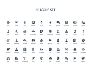 50 filled concept icons such as contract, search, deadline, document, plan, law, tools,collaboration, checklist, chat, development, stopwatch, wrench