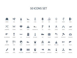 50 filled concept icons such as brick wall, wrench, shovel, road roller, wheelbarrow, paint bucket, road barrier,circular saw, trowel, chainsaw, driller, saw, traffic cone