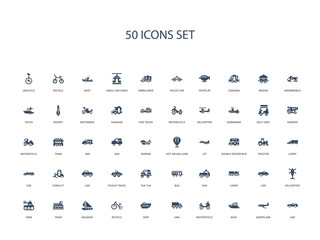 50 filled concept icons such as car, aeroplane, boat, motorcycle, van, ship, bicycle,sailboat, train, tank, helicopter, car, lorry