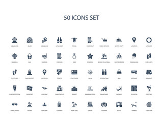 50 filled concept icons such as location, sunbed, hotel, luggage, cruise, palm tree, luggage,airplane, island, sunglasses, cocktail, elevator, snorkel