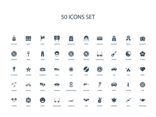 50 filled concept icons such as handshake, dove, cannabis, victory, love, cigarette, sunglasses,happy, world, flower, sun, feather, hippie