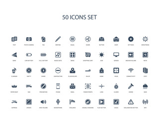 50 filled concept icons such as wifi, exclamation button, check, play button, double checking, vigilance, microphone,high volume, update, express, rain, screw, closed