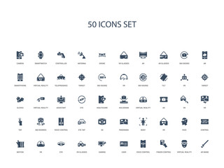 50 filled concept icons such as ar wand, virtual reality, finger control, voice control, user, gaming, vr glasses,eye, vr, motion, control, face, vr