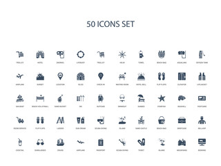 50 filled concept icons such as booking, mountains, island, ticket, scuba diving, passport, airplane,cruise, sunglasses, cocktail, bellhop, briefcase, beach bag