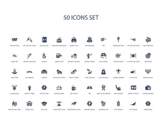 50 filled concept icons such as danger sing, sitting dog, trip luggage, shopping cart, parking square, departures flights, plane front view,pilot hat, airport bus, waiting for flight, vintage