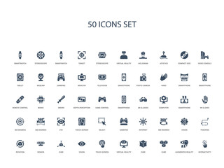 50 filled concept icons such as interactivity, augmented reality, cube, cube, virtual reality, touch screen, vision,cube, sensor, rotation, tracking, vision, 360 degrees