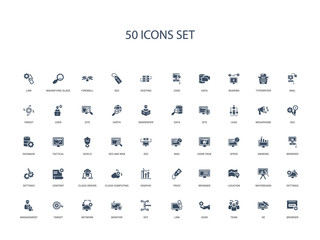50 filled concept icons such as browser, de, team, gear, link, key, monitor,network, target, management, settings, whiteboard, location