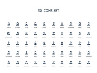 50 filled concept icons such as taxi driver, builder, soldier, soldier, doctor, fireman, soccer player,policewoman, model, soldier, telemarketer, dentist, doctor