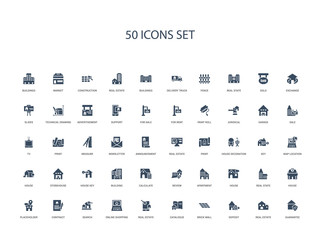 50 filled concept icons such as guarantee, real estate, deposit, brick wall, catalogue, real estate, online shopping,search, contract, placeholder, house, real state, house