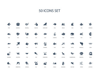 50 filled concept icons such as octopus, fishes, dolphin, seahorse, whale, seal, eel,medusa, swordfish, fish, cobra, seashell, hummerhead