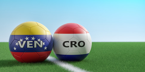 Venezuela vs. Croatia Match - Soccer balls in Venezuela and Croatia national colors on a soccer field. Copy space on the right side - 3D Rendering 