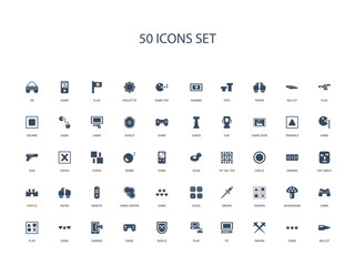 50 filled concept icons such as bullet, game, sword, pc, play, shield, game,gaming, game, play, game, mushroom, shapes