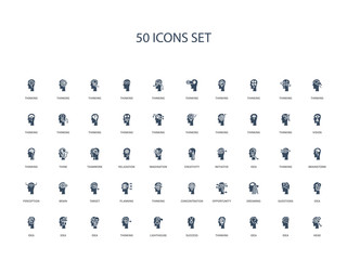 50 filled concept icons such as head, idea, idea, thinking, success, lighthouse, thinking,idea, idea, questions, dreaming