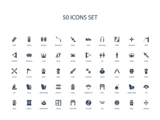 50 filled concept icons such as archery, ninja, katana, fan, yin yang, torii gate, tatami,underwater, scroll, ninja, fan, smoke bomb, bomb