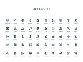 50 filled concept icons such as cell division, microscope, laboratory, cell, chemical reaction, chromosome, molecular,hazardous, test tube, research, vial, bacteria, molecular
