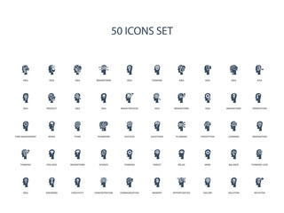 50 filled concept icons such as initiative, solution, failure, opportunities, memory, communication, concentration,creativity, dreaming, idea, thinking love, balance, mind