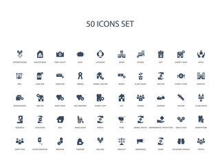 50 filled concept icons such as people, voluntary service, heart, awareness, equality, ballons, freedom,medicine, blood donation, happy kids, smartphone, smiley face, enviromental protection