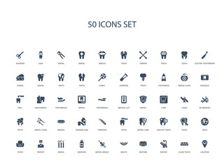 50 filled concept icons such as location, clean tooth, dentist, denture, mouth, dental needle, medicine,dental, dentist, tooth, virus, tooth, healthy