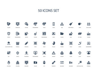 50 filled concept icons such as firewall, code injection, malware, malware, pendrive, spy, folder,malware, stalking, stalking, rootkit, alert, alert