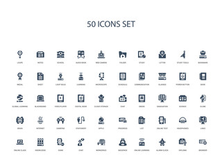 50 filled concept icons such as browser, diploma, alarm clock, online learning, backpack, workspace, chat,exam, knowledge, online class, links, headphones, online test