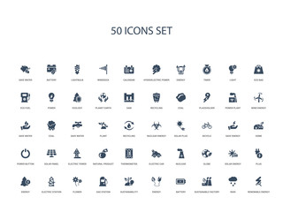 50 filled concept icons such as renewable energy, rain, sustainable factory, battery, energy, sustainability, gas station,flower, electric station, energy, plug, solar globe