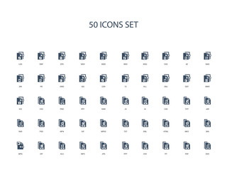 50 filled concept icons such as doc, pdf, py, csv, ppt, jpg, mp3,xls, zip, mpg, bin, mkv, html