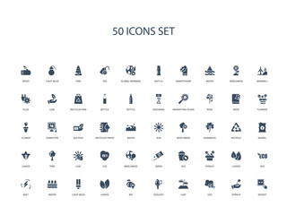 50 filled concept icons such as socket, sprout, co2, leaf, ecology, bio, leaves,light bulb, water, bolt, eco, leaves, sprout
