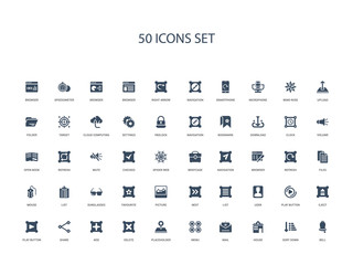 50 filled concept icons such as bell, sort down, house, mail, menu, placeholder, delete,add, share, play button, eject, play button, user