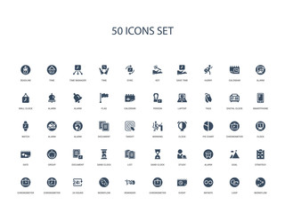 50 filled concept icons such as workflow, loop, infinite, event, chronometer, reminder, workflow,24 hours, chronometer, chronometer, strategy, goal, alarm