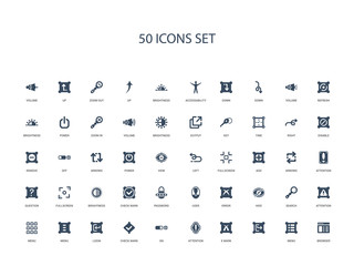 50 filled concept icons such as browser, menu, , x mark, attention, on, check mark,login, menu, menu, attention, search, hide