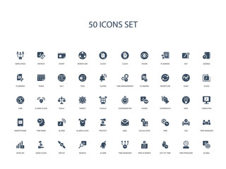50 filled concept icons such as global, time pressure, out of time, time is money, manager, alarm, search,watch, sand clock, develop, manager, car,