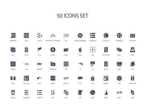 50 filled concept icons such as send, reply, clear, block, edit, copy, sort,priority, backspace, remove, binoculars, add, weekend