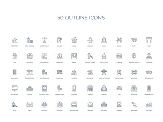 50 outline concept icons such as factory, antenna, subway, building, parking, gas station, hospital,city hall, gate, slide, phone booth, hospital, car