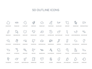 50 outline concept icons such as france map, colombia map, south korea map, taiwan italy spain germany map,north korea china thailand georgia united kingdom peru