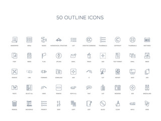 50 outline concept icons such as send, reply, clear, block, edit, copy, sort,priority, backspace, remove, binoculars, add, weekend