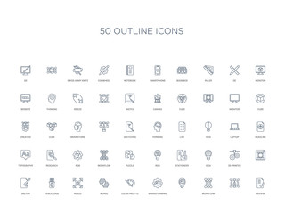 50 outline concept icons such as review,  , workflow,  brainstorming, color palette, merge,resize, pencil case, sketch, 3d printer,