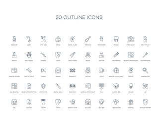 50 outline concept icons such as tooth whitening, hospital, stethoscope, sick boy, sick girl, dentist chair, tooth,crown, cavities, girl, aid, implant, healthy boy